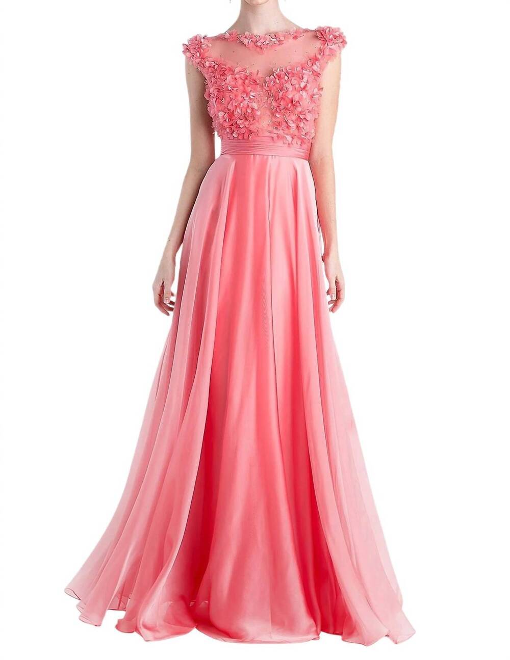 NEW CINDERELLA DIVINE 3d flower with embellishments chiffon gown in coral